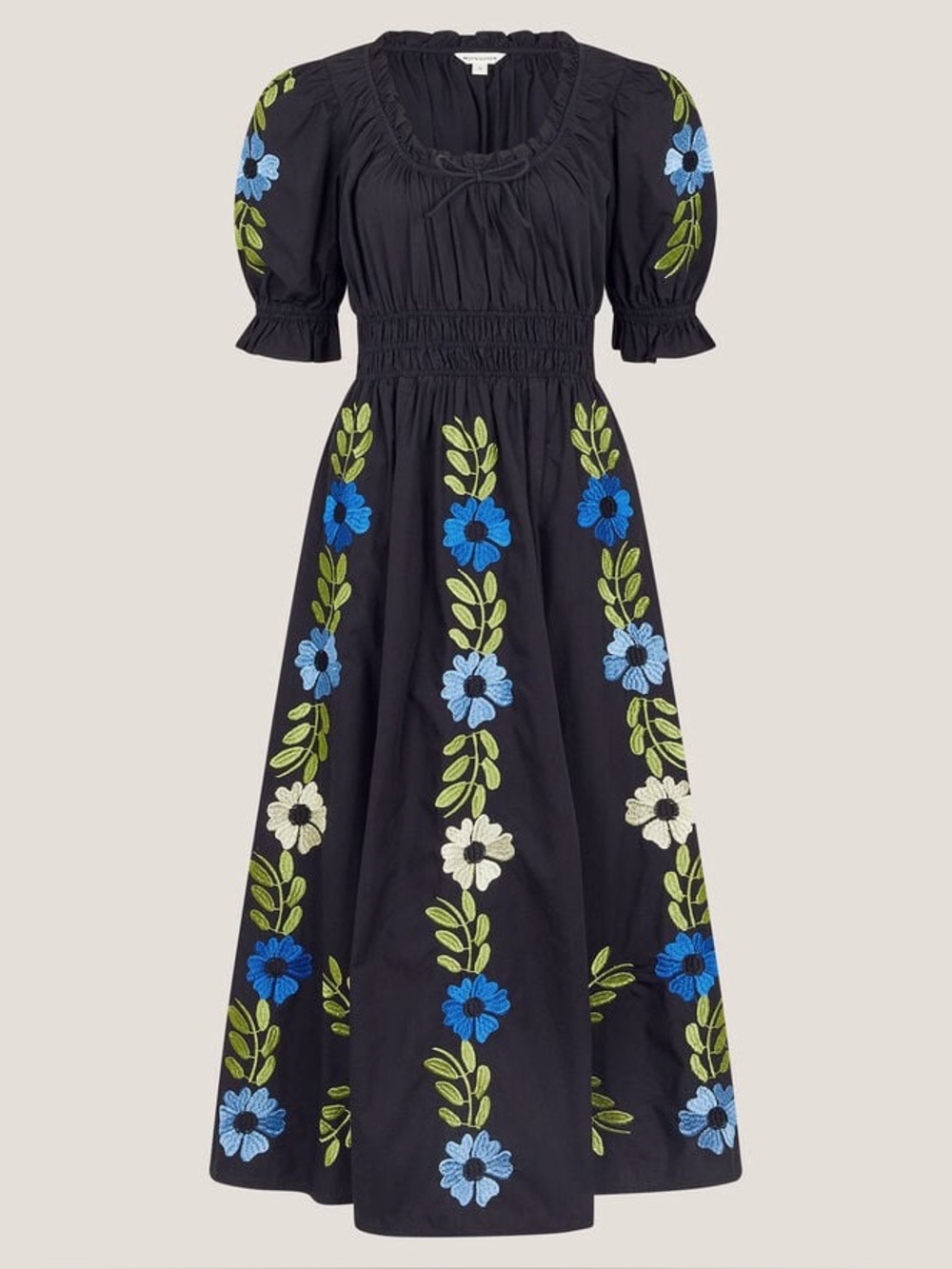 Monsoon Shona Embroidered Puff-Sleeve Black Midi Dress XXL/ size 22/24